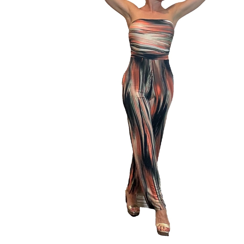Silky Strapless Romper - Peach Cream and Blue pattern print